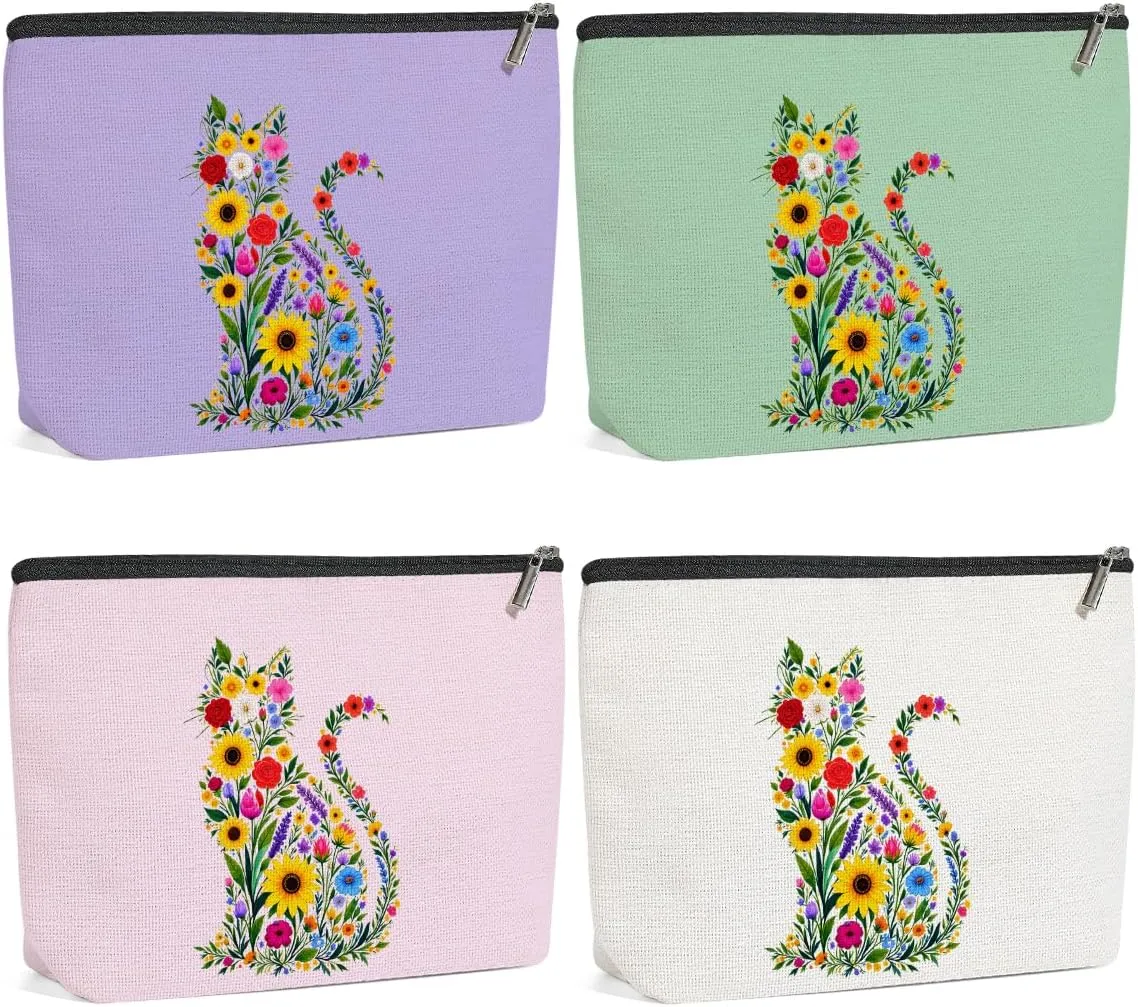 4 Pack Cute Wildflower Cat Gifts for Women Girls Nurse Doctor Sister Mom Makeup Bag,Travel Essentials Cosmetic Bags for Women, Travel Toiletry Bag Birthday Graduation Christmas Vacation Nurse Day