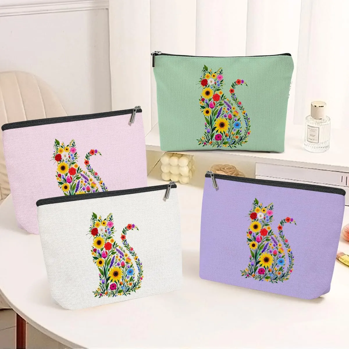 4 Pack Cute Wildflower Cat Gifts for Women Girls Nurse Doctor Sister Mom Makeup Bag,Travel Essentials Cosmetic Bags for Women, Travel Toiletry Bag Birthday Graduation Christmas Vacation Nurse Day
