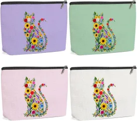 4 Pack Cute Wildflower Cat Gifts for Women Girls Nurse Doctor Sister Mom Makeup Bag,Travel Essentials Cosmetic Bags for Women, Travel Toiletry Bag Birthday Graduation Christmas Vacation Nurse Day