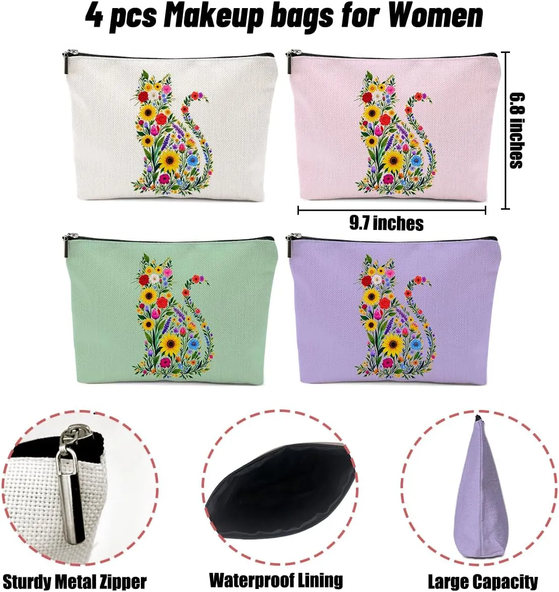 4 Pack Cute Wildflower Cat Gifts for Women Girls Nurse Doctor Sister Mom Makeup Bag,Travel Essentials Cosmetic Bags for Women, Travel Toiletry Bag Birthday Graduation Christmas Vacation Nurse Day