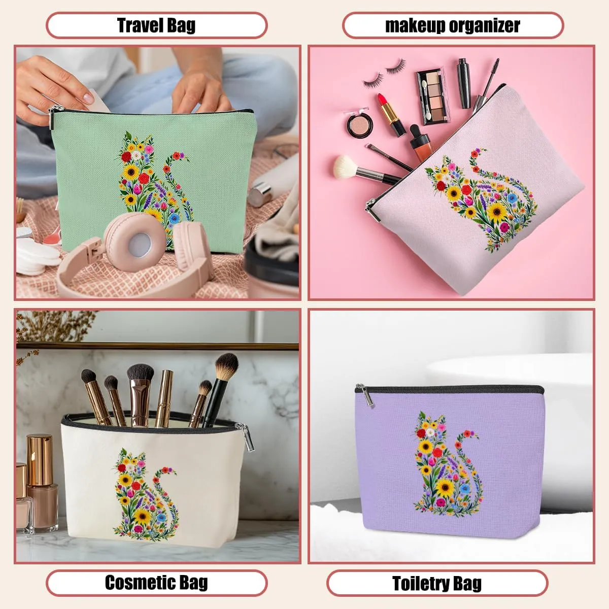 4 Pack Cute Wildflower Cat Gifts for Women Girls Nurse Doctor Sister Mom Makeup Bag,Travel Essentials Cosmetic Bags for Women, Travel Toiletry Bag Birthday Graduation Christmas Vacation Nurse Day