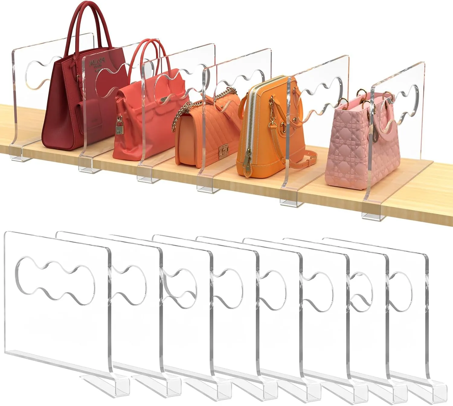 8 Pcs Clear Shelf Dividers, Closet Vertical Purse Organizer for Closet, for Handbags, Clutches, Clothes, Towels, Shelf Dividers for Closet Organization Wooden Shelves for Bedrooms, Kitchens and Office