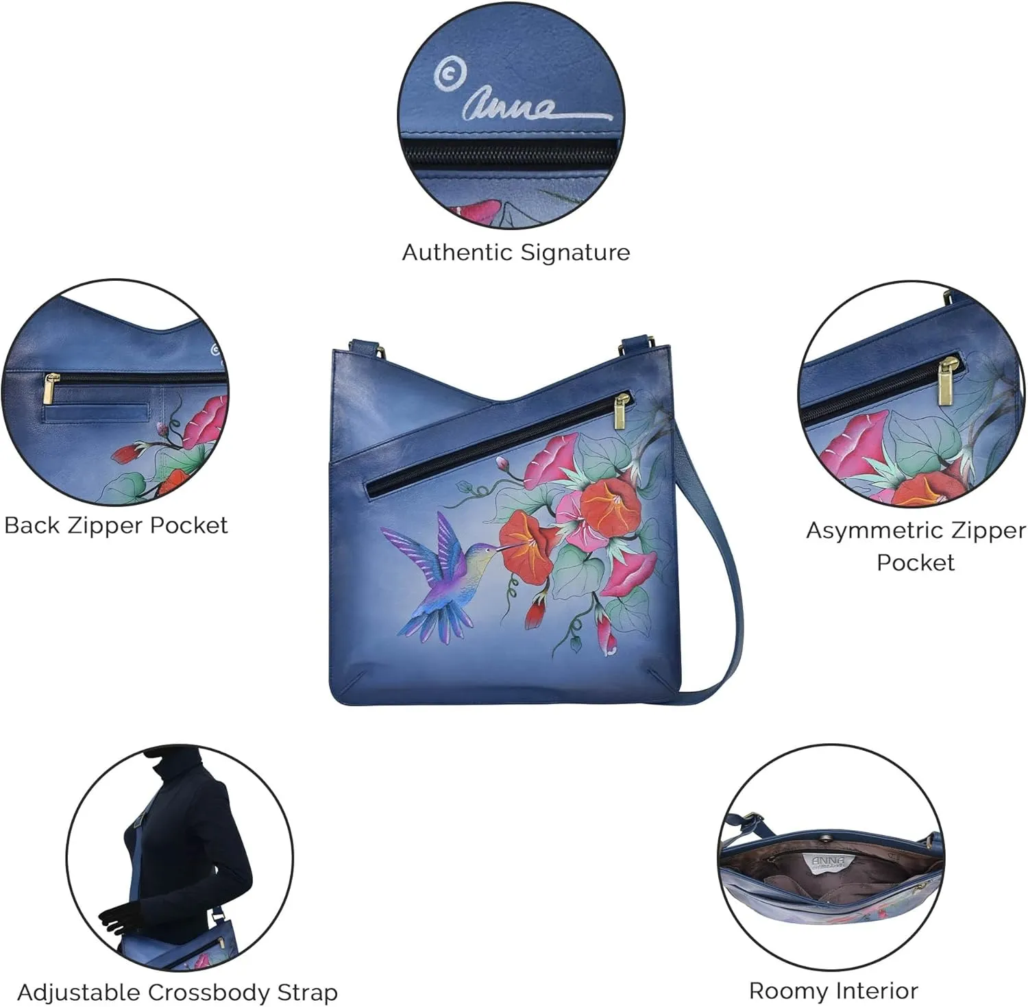 Anna by Anuschka Hand Painted Leather Women's V Top Large Crossbody