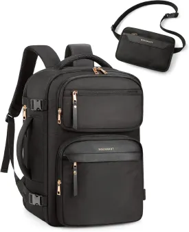 BAGSMART Womens Backpack Carry On Flight Approved, Travel Backpack for Women with Waist Bag, Traveling Lightweight Weekender Casual Daypack 17.3" Laptop Work Back pack Personal Item Travel Bag, Black
