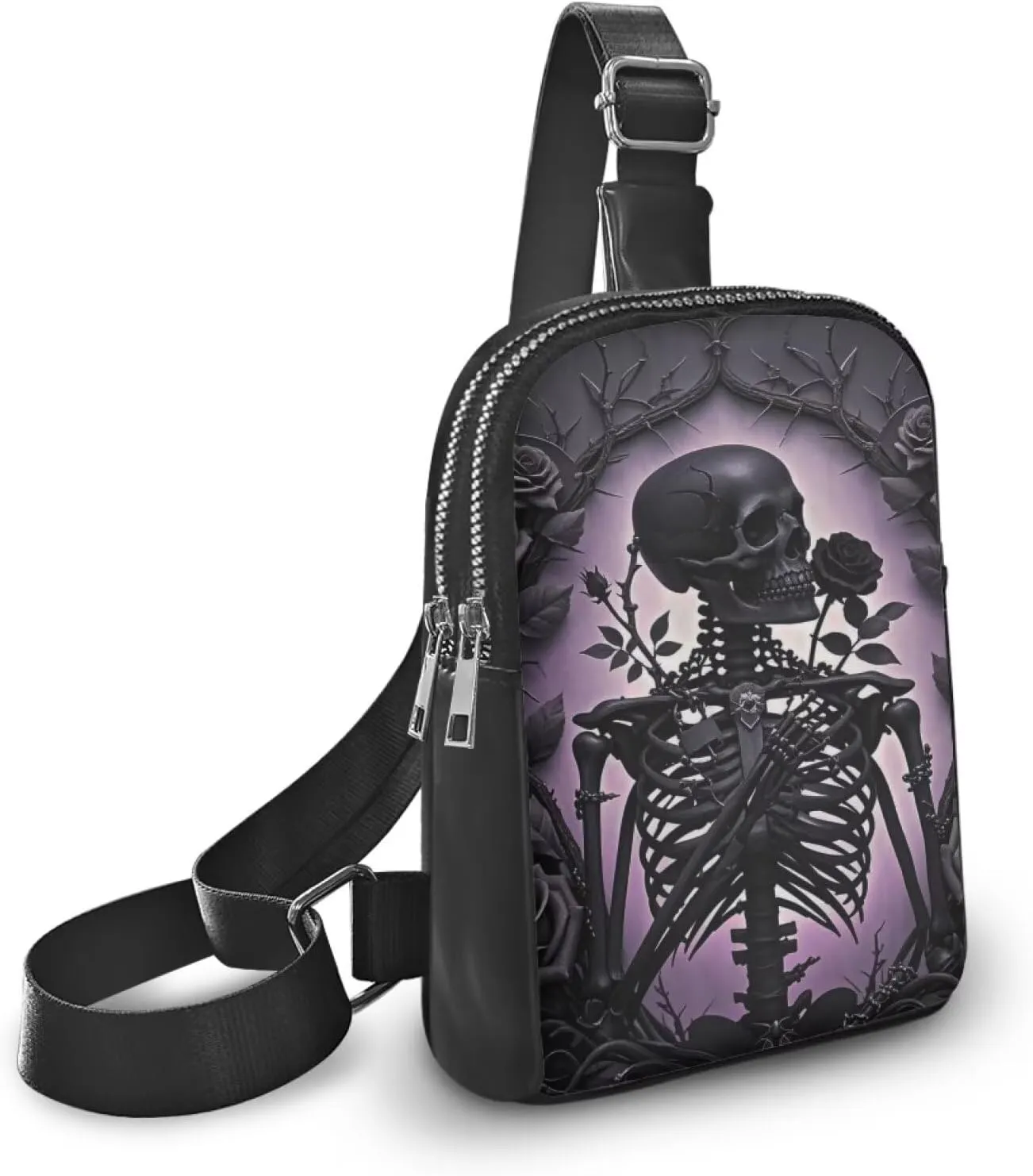 Black Skeleton Waist Pack Bag Fanny Pack for Women, Dark Rose Thorn PU Leather Antitheft Crossbody Bag for Women Travel Sling Bag, Purple