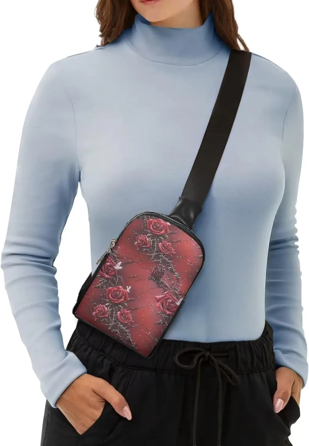 Bloody Red Rose Thorn Sling Backpack Chest Pack for Women, Bright Rose Flowers PU Leather Zipper Crossbody Fanny Pack for Daily Shopping Travel