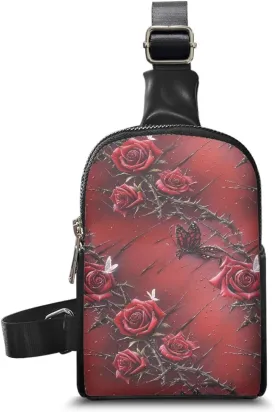 Bloody Red Rose Thorn Sling Backpack Chest Pack for Women, Bright Rose Flowers PU Leather Zipper Crossbody Fanny Pack for Daily Shopping Travel