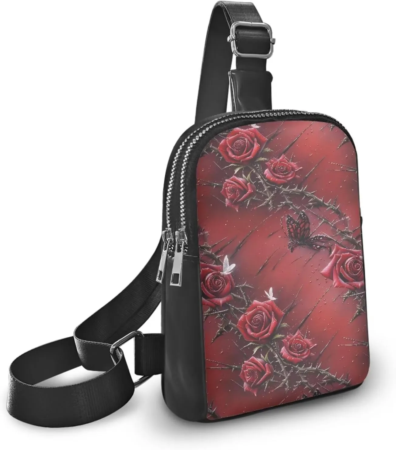 Bloody Red Rose Thorn Sling Backpack Chest Pack for Women, Bright Rose Flowers PU Leather Zipper Crossbody Fanny Pack for Daily Shopping Travel