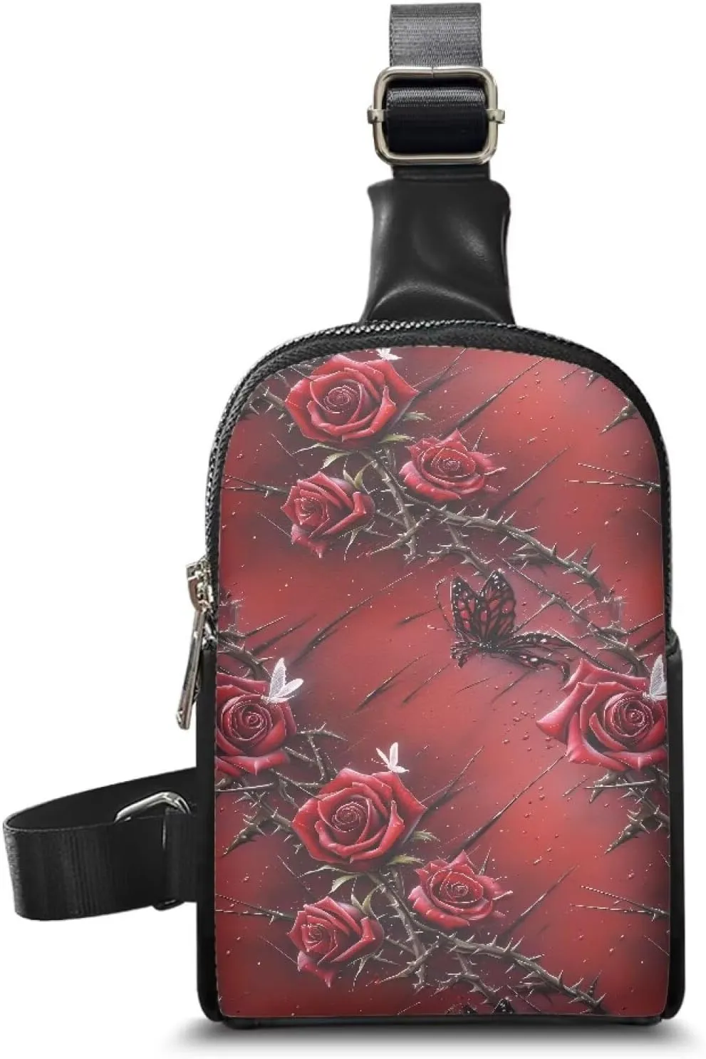 Bloody Red Rose Thorn Sling Backpack Chest Pack for Women, Bright Rose Flowers PU Leather Zipper Crossbody Fanny Pack for Daily Shopping Travel