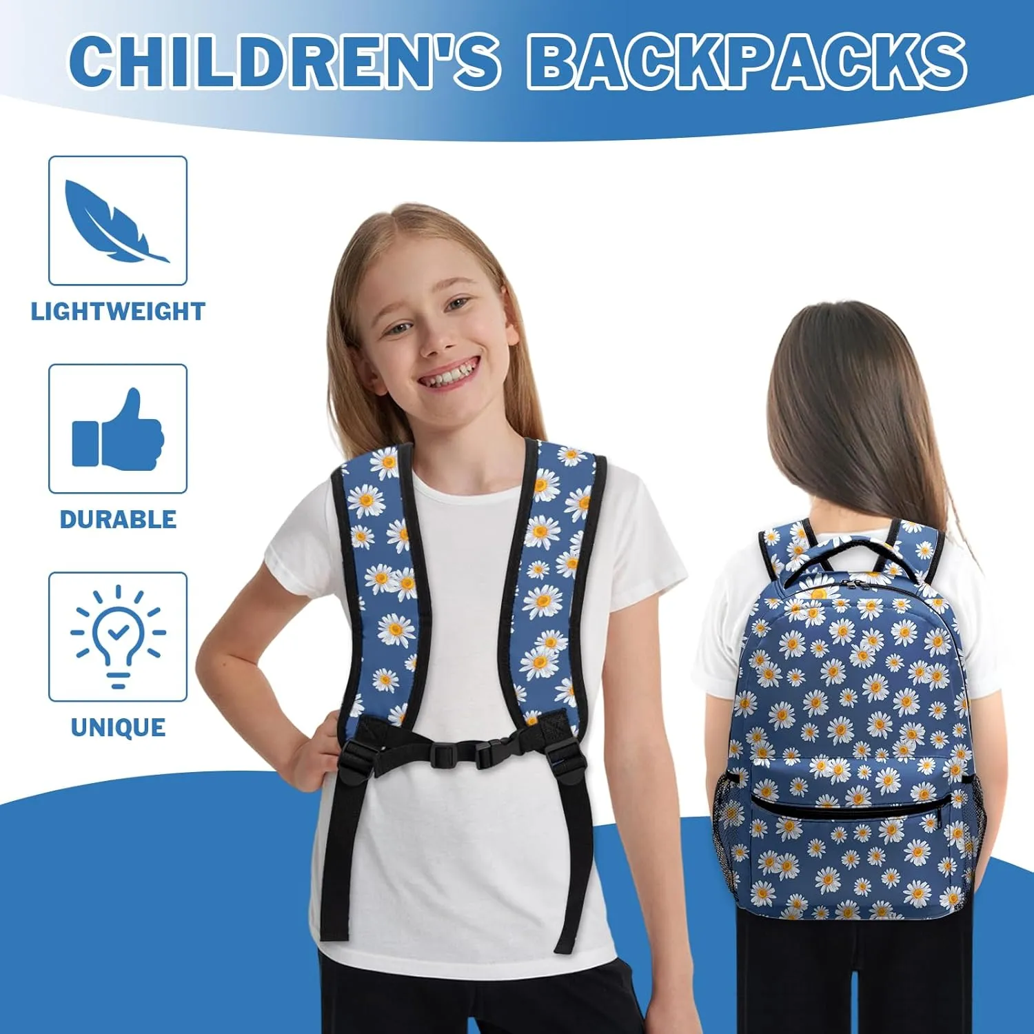 Blue Daisy Backpack for Girls Daisies Prints Kids Bookbag Elementary Primary Middle School Bag Lightweight Casual Students Backpacks for Kindergarten Preschool