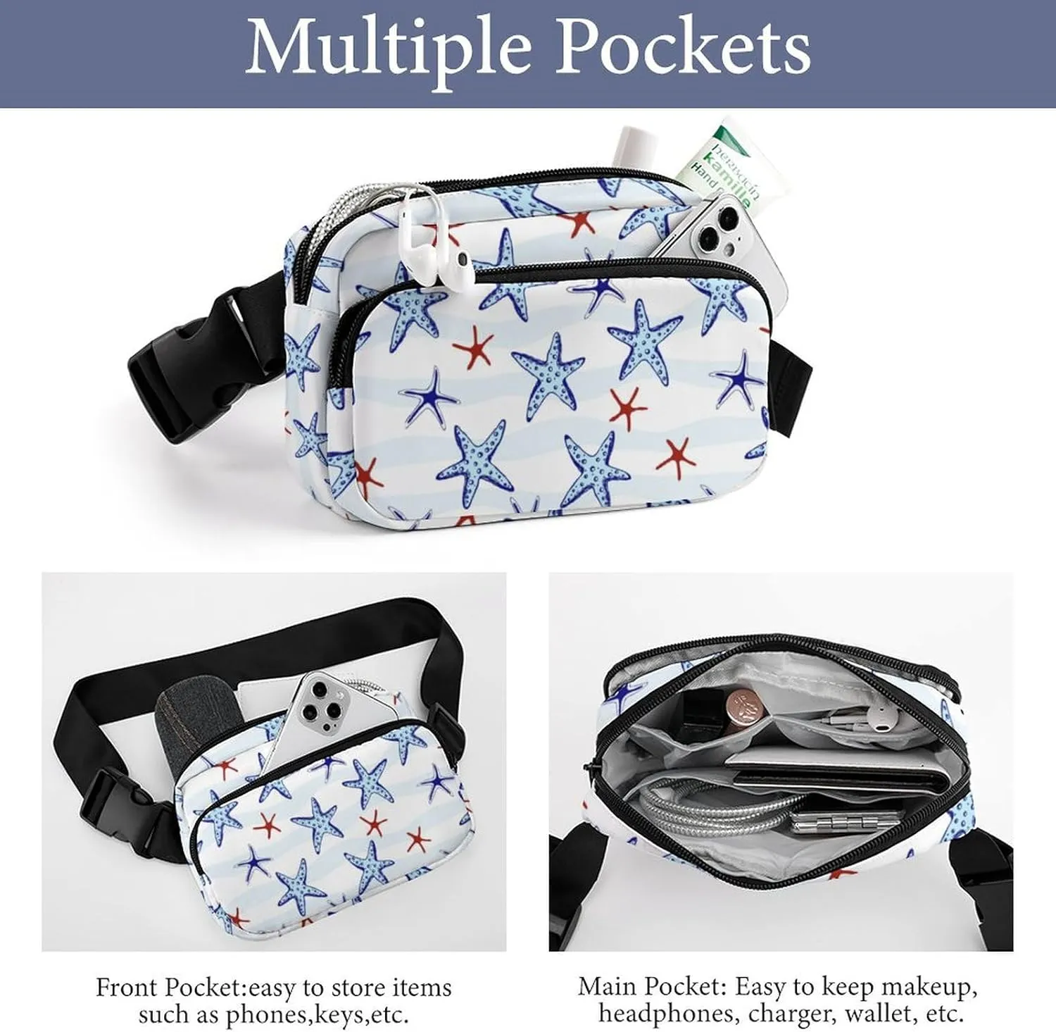 Blue Red Starfish Fanny Pack Belt Bag with Adjustable Strap Ocean Pattern Waist Packs Small Pouch Crossbody Bags for Hiking Running Cycling Traveling