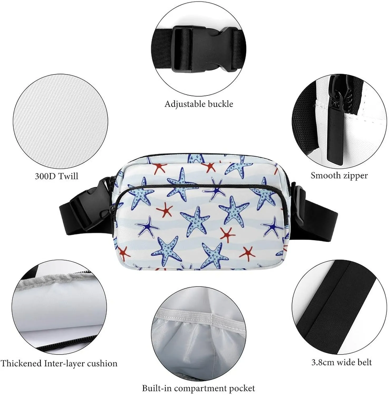 Blue Red Starfish Fanny Pack Belt Bag with Adjustable Strap Ocean Pattern Waist Packs Small Pouch Crossbody Bags for Hiking Running Cycling Traveling