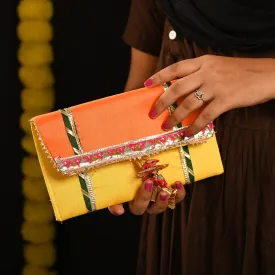 Clutch Batawa Bag Purse Embroidered Embellished Handmade Traditional Ethnic Work Wedding Wristlet Ladies for Girls Women for Party Wedding Special Occasion and Gifting (Yellow and Orange - 8.8"x5")