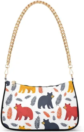 Color Leaf Bear Tote Bag Shoulder Bag Hobo Handbag for Women Ladies Mini Clutch Purse with Zipper Closure