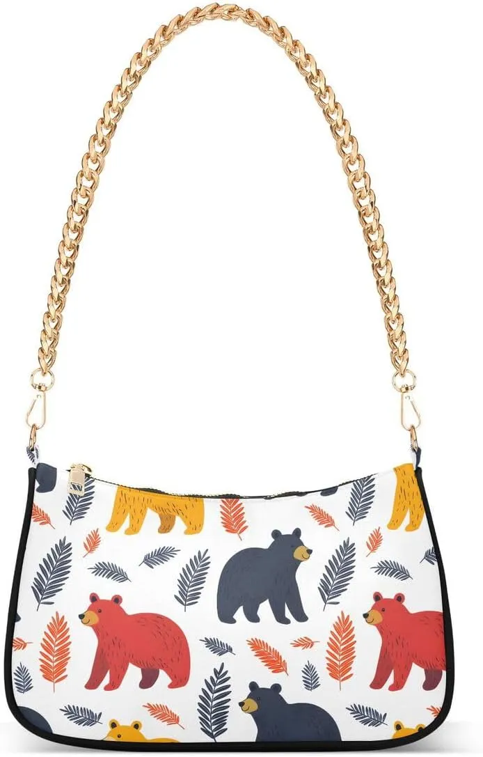 Color Leaf Bear Tote Bag Shoulder Bag Hobo Handbag for Women Ladies Mini Clutch Purse with Zipper Closure