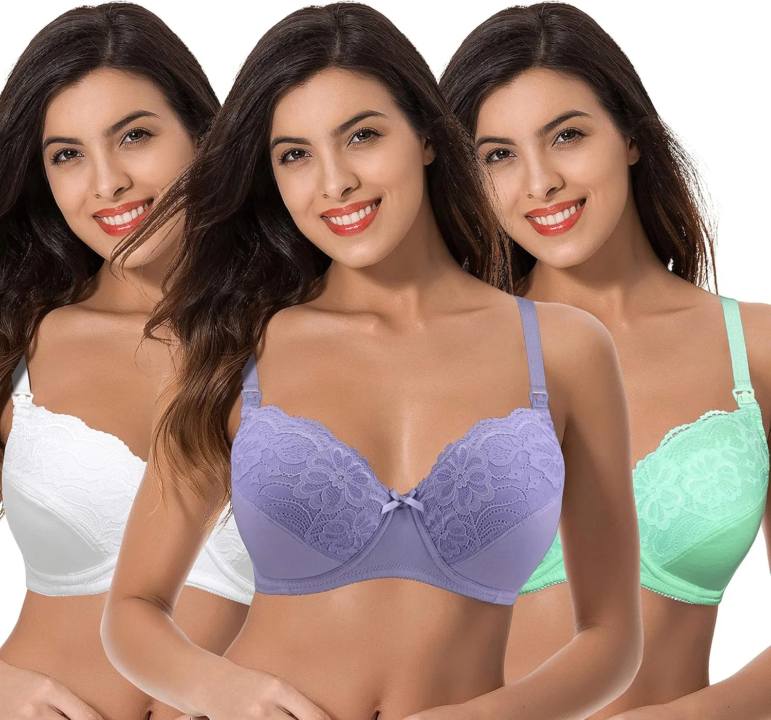 Curve Muse Plus Size Nursing Cotton Unlined Bra with Lace Trim-2 Or 3PK