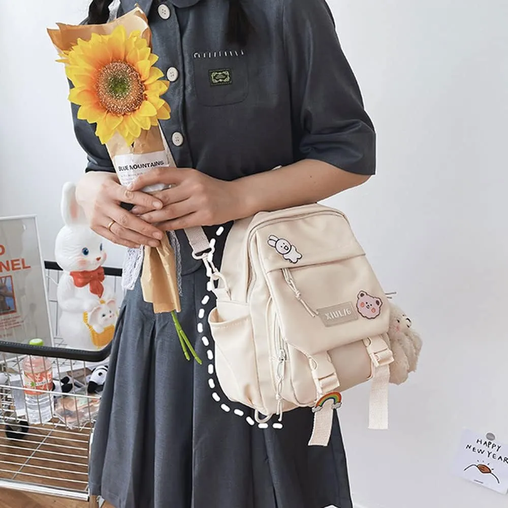 Cute Mini Backpack with Cute Pin Accessories Plush Pendant for School (White)