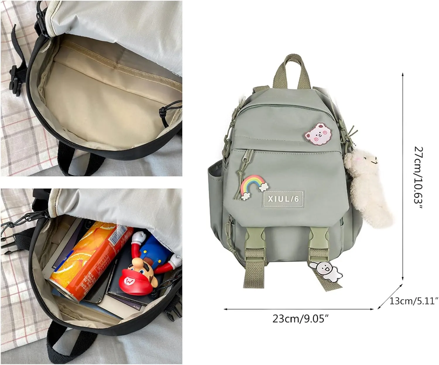 Cute Mini Backpack with Cute Pin Accessories Plush Pendant for School (White)