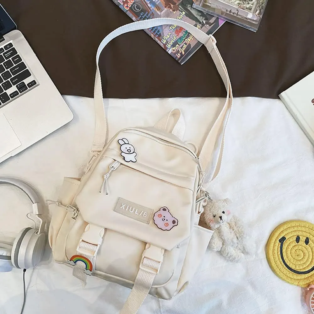Cute Mini Backpack with Cute Pin Accessories Plush Pendant for School (White)