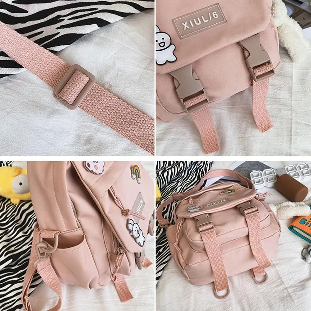 Cute Mini Backpack with Cute Pin Accessories Plush Pendant for School (White)