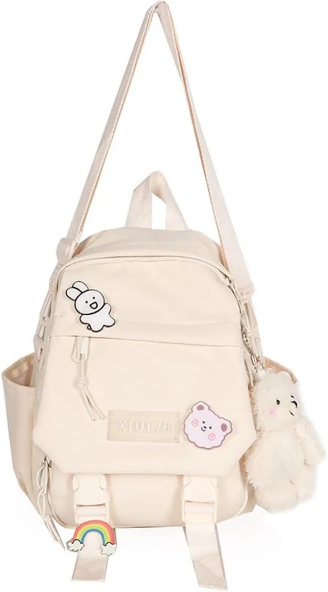Cute Mini Backpack with Cute Pin Accessories Plush Pendant for School (White)