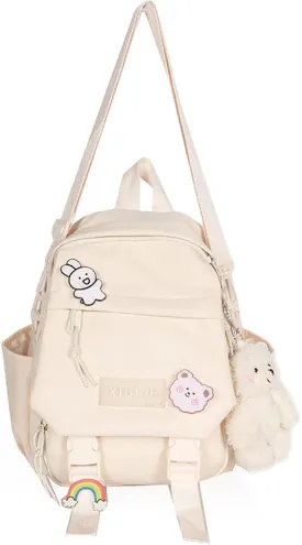Cute Mini Backpack with Cute Pin Accessories Plush Pendant for School (White)