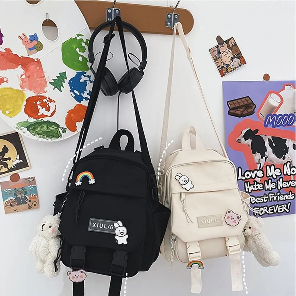 Cute Mini Backpack with Cute Pin Accessories Plush Pendant for School (White)
