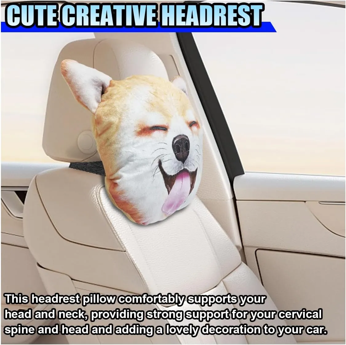 Cute Shiba Inu Dog Car Headrest Pillow- Memory Foam Car Neck Pillow Auto Seat Cushion of Headrests for Pain Pressure Relief- Cartoon Neck Support Cushion with Adjustable Strap for Most Cars(Shiba Inu)
