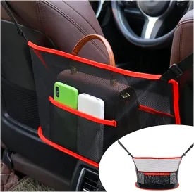 Handbag Holder for Car, Auto Net Pocket Purse Holder Between Front Seats, Storage Organizer, Universal Accessories for Women and Men, Pet/Kids Barrier (Red)