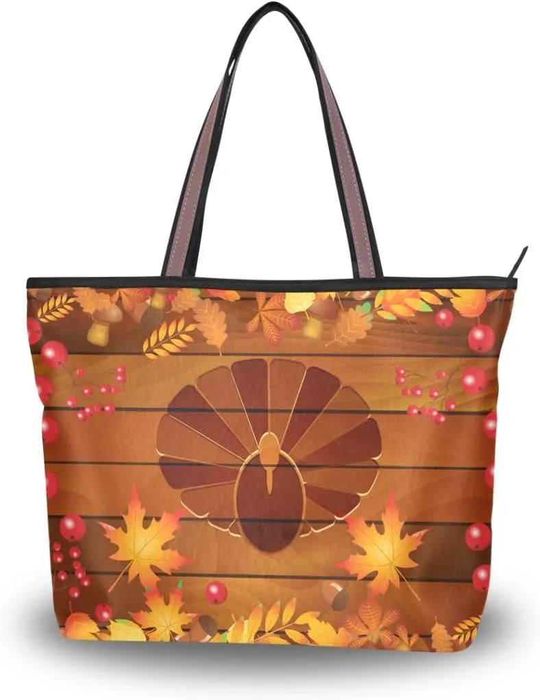 JSTEL Women Large Tote Top Handle Shoulder Bags Thanksgiving Leaves Acorns Patern Ladies Handbag