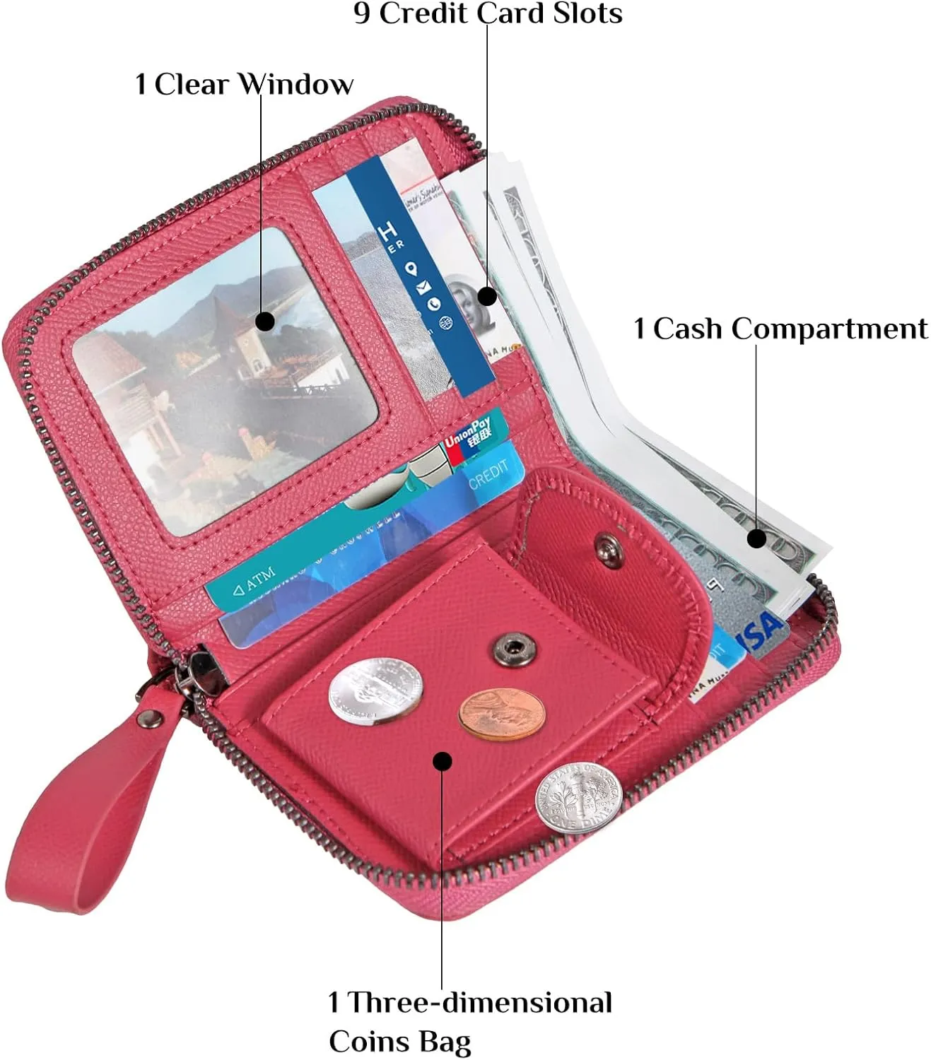 Leather Small RFID Blocking Bifold Zipper Around Wallets With ID Window Wristlet Coin Pocket For Women