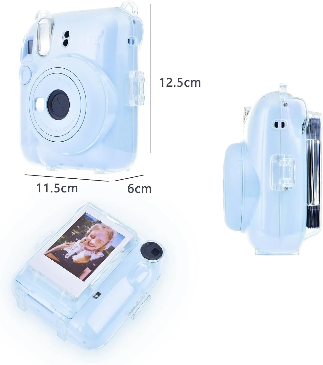 Rieibi Clear Case Compatible with Fuji Instax Mini 12, Carrying Case Bag for Fujifilm Instax Mini 12 Instant Camera with Photo Storage Pocket, Strap and Cute Sticker - Blue