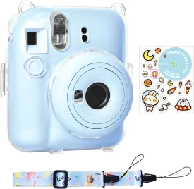 Rieibi Clear Case Compatible with Fuji Instax Mini 12, Carrying Case Bag for Fujifilm Instax Mini 12 Instant Camera with Photo Storage Pocket, Strap and Cute Sticker - Blue