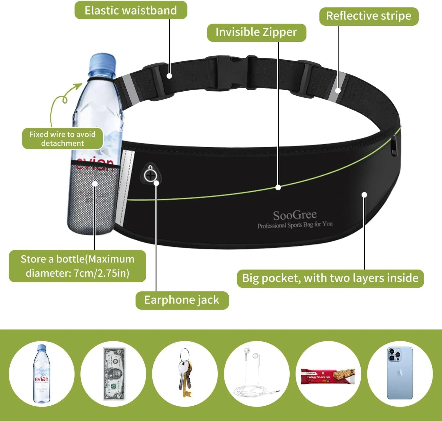 Slim Running Belt Fanny Packs for Women Men,Water Bottle Holder Hydration Fanny Pouch,Waterproof Sport Waist Pack with Reflective Strip,Runner Belt Bag for Running Cycling Camping Gym (Black)