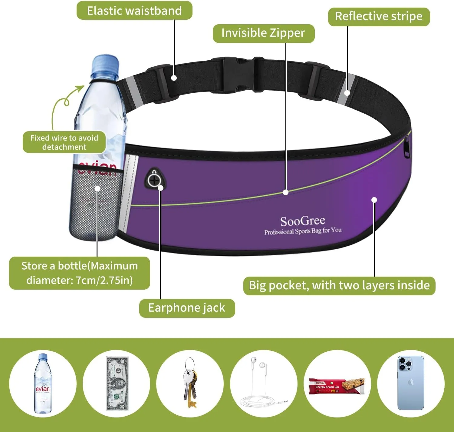 Slim Running Belt Fanny Packs for Women Men,Water Bottle Holder Hydration Fanny Pouch,Waterproof Sport Waist Pack with Reflective Strip,Runner Belt Bag for Running Cycling Camping Gym (Purple)