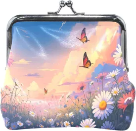 Small Coin Purse for Women Men Daisies Meadow Sky Change Purse Leather Coin Holder with Kiss Lock for Coins