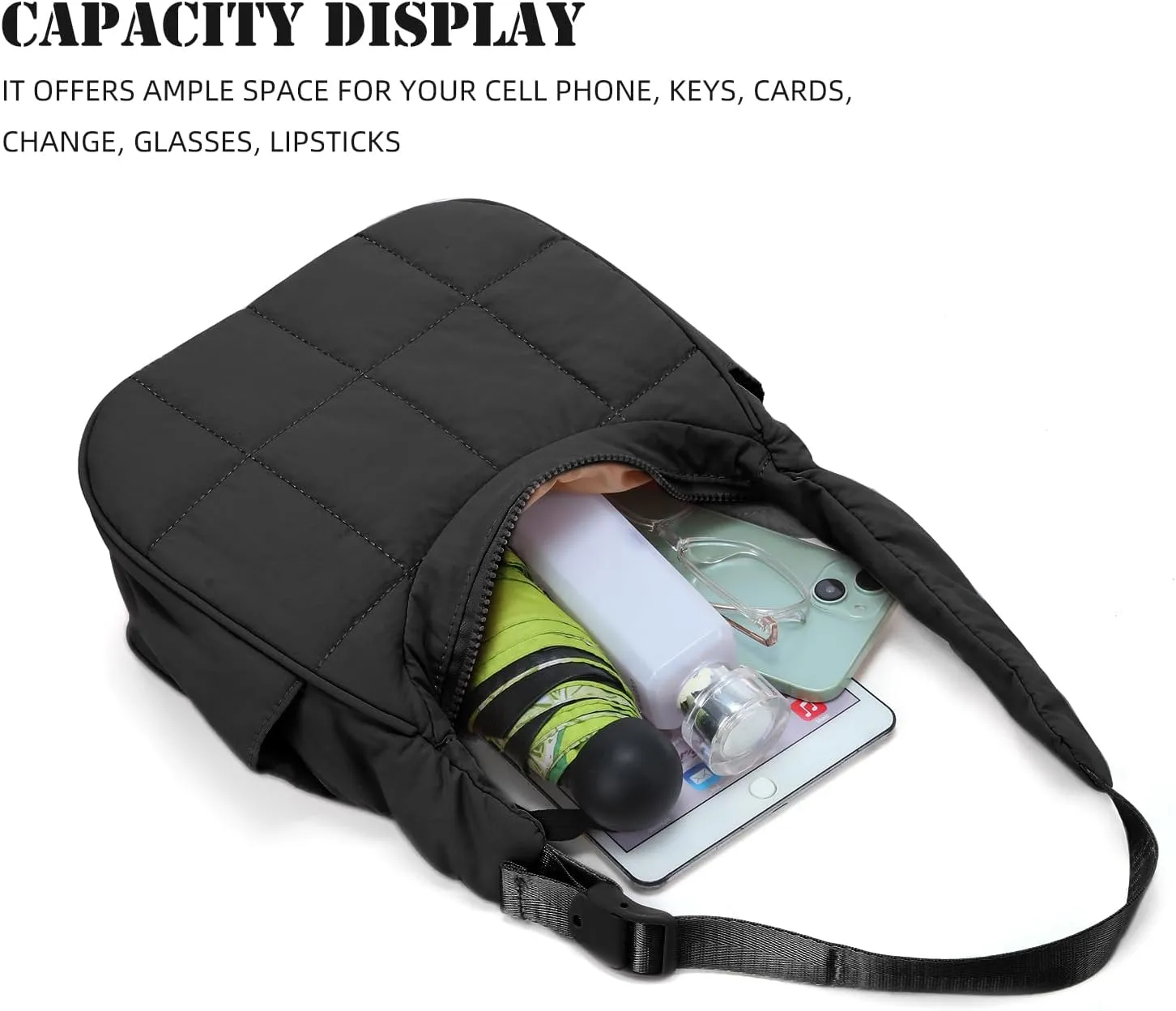 Small Puffer Crescent Underarm Shoulder Bag for Women, Nylon Quilted Purses Handbags with Adjustable Strap