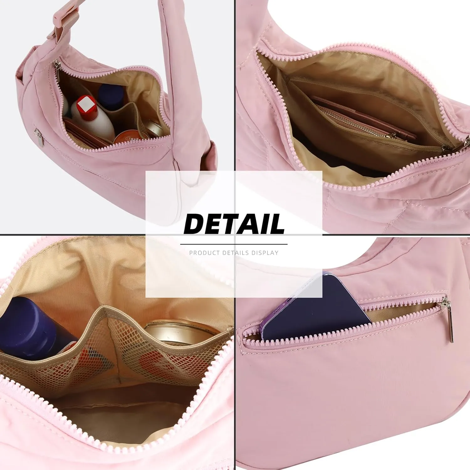 Small Puffer Crescent Underarm Shoulder Bag for Women, Nylon Quilted Purses Handbags with Adjustable Strap