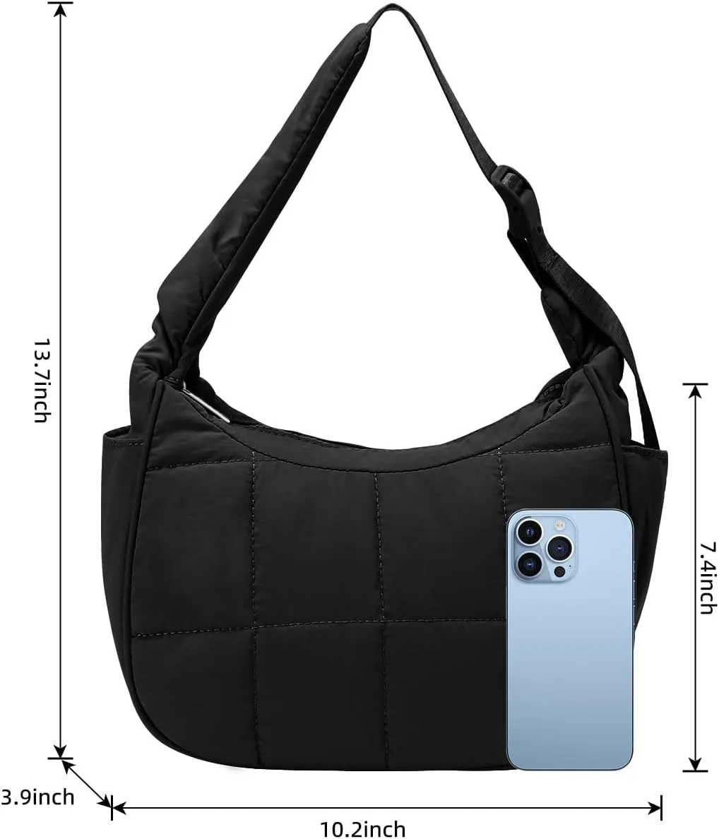 Small Puffer Crescent Underarm Shoulder Bag for Women, Nylon Quilted Purses Handbags with Adjustable Strap