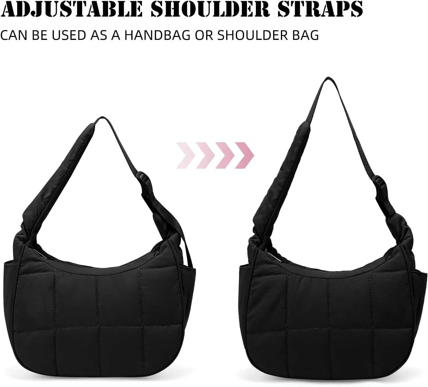 Small Puffer Crescent Underarm Shoulder Bag for Women, Nylon Quilted Purses Handbags with Adjustable Strap