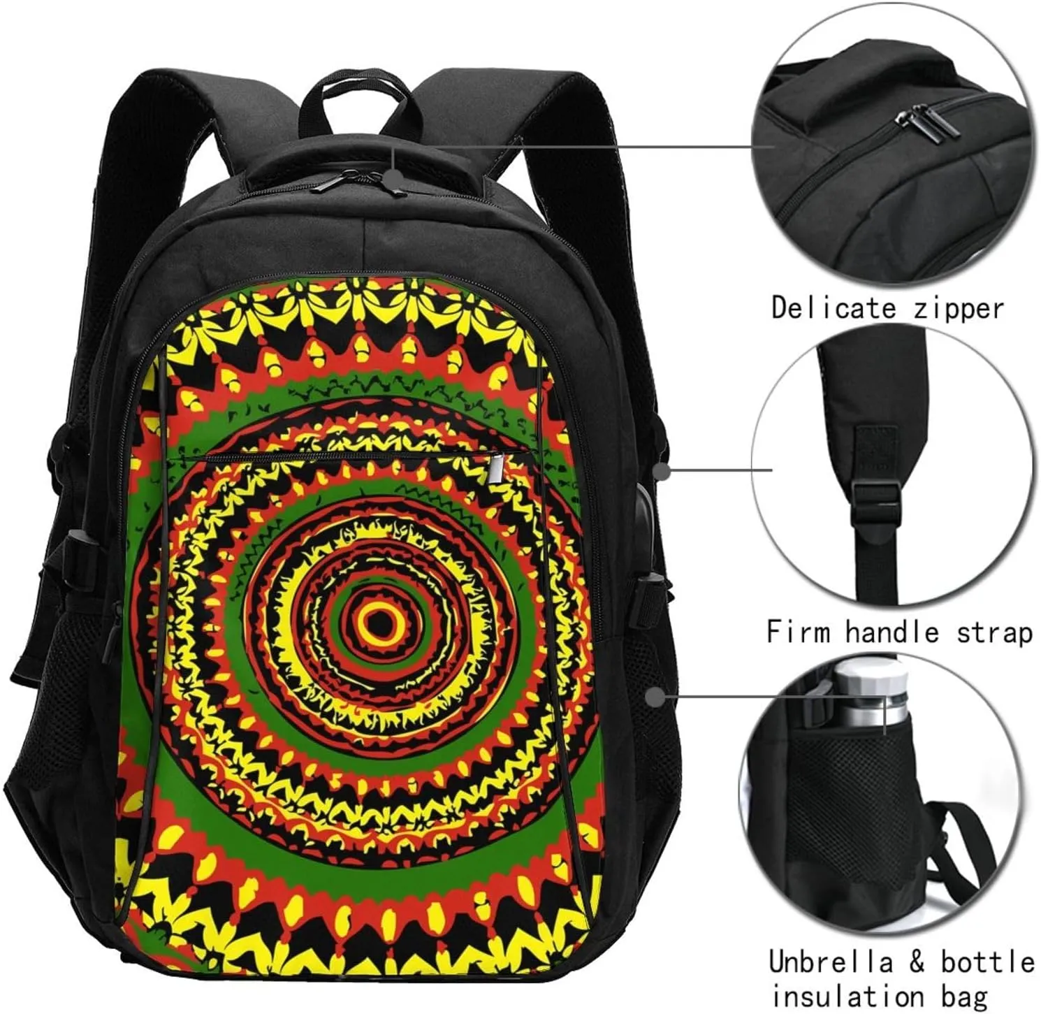 Tie Dye Rasta Circle Travel Backpack Laptop Backpacks Business Rucksack Outdoor Daypack Large Sport Bag with Luggage Strap USB Charging Port for Hiking Working