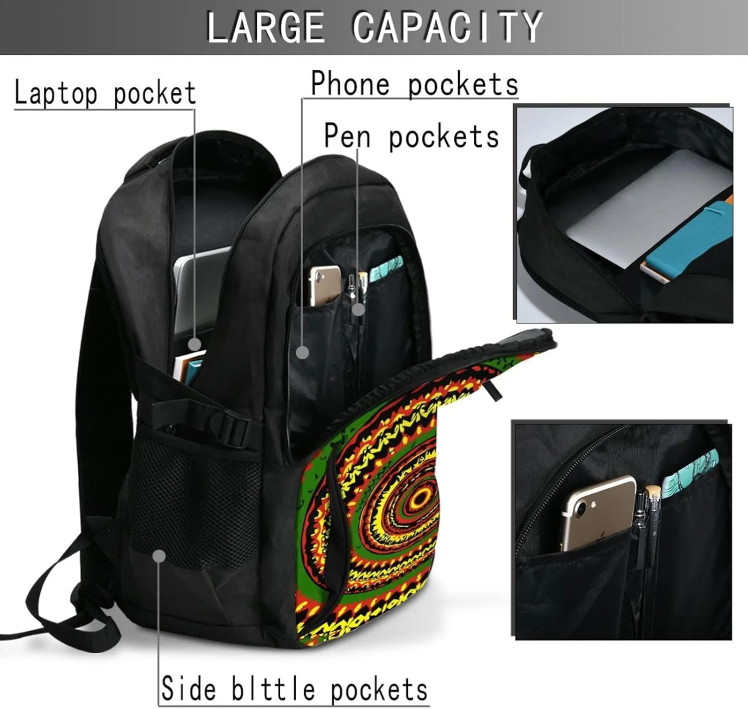 Tie Dye Rasta Circle Travel Backpack Laptop Backpacks Business Rucksack Outdoor Daypack Large Sport Bag with Luggage Strap USB Charging Port for Hiking Working