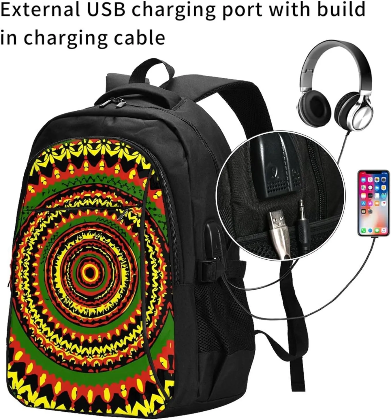 Tie Dye Rasta Circle Travel Backpack Laptop Backpacks Business Rucksack Outdoor Daypack Large Sport Bag with Luggage Strap USB Charging Port for Hiking Working
