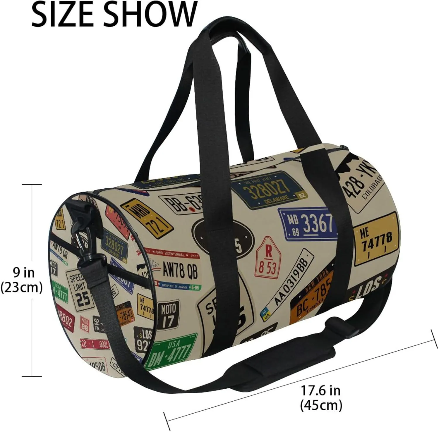 Vintage Car Number Plates Portable Gym Bag, Travel Bag, Luggage bag, Sports Bag, Toiletry Bag with Handles, Detachable Shoulder Strap 17.6 x 9 x 9 inch