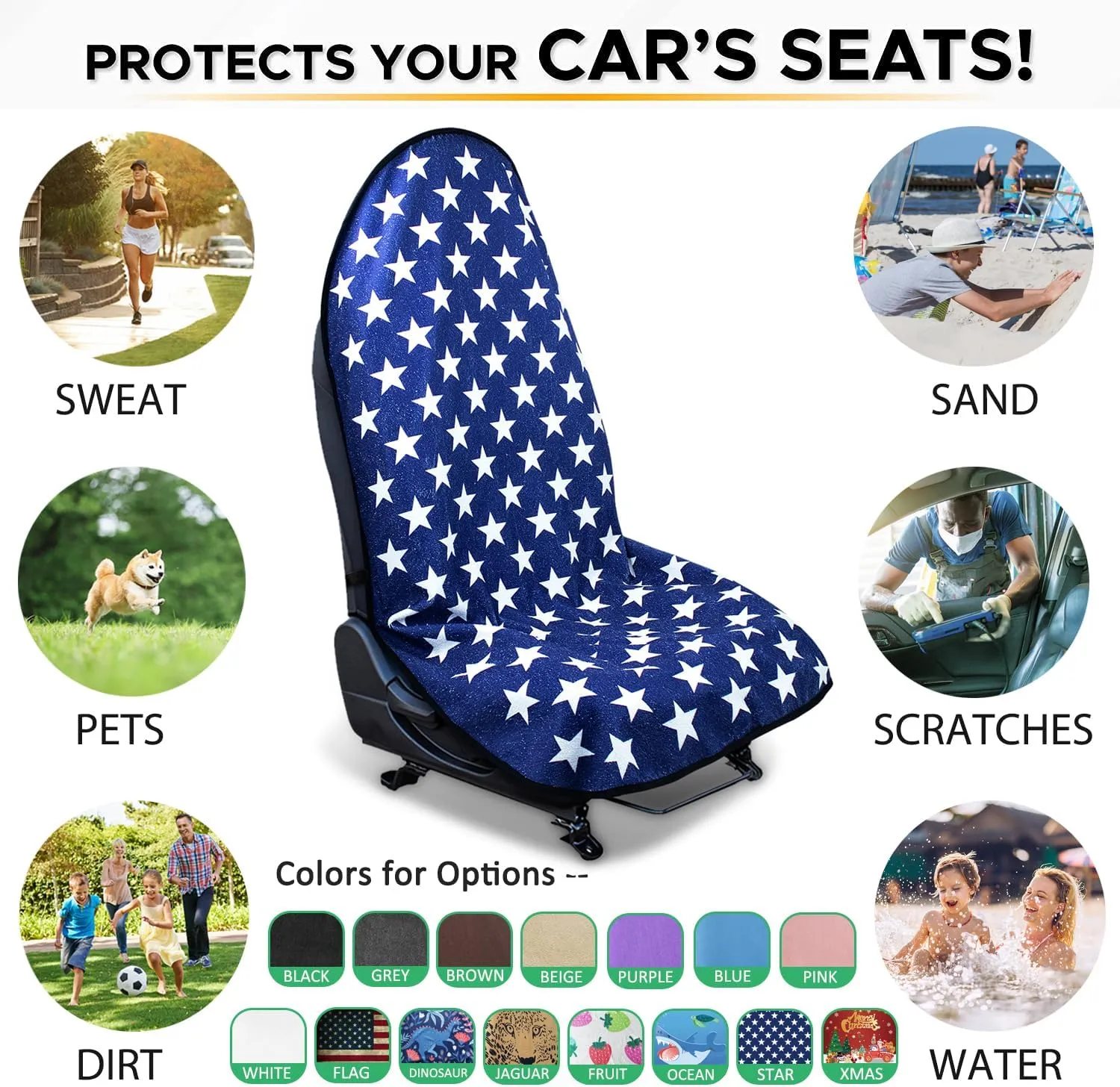 Waterproof Sweating Car Seat Cover for Post Gym Workout, Running, Swimming, Beach and Hiking, Universal Fit Non-Slip Bucket Seat Protector for Cars SUV Trucks, Machine Washable (Star)