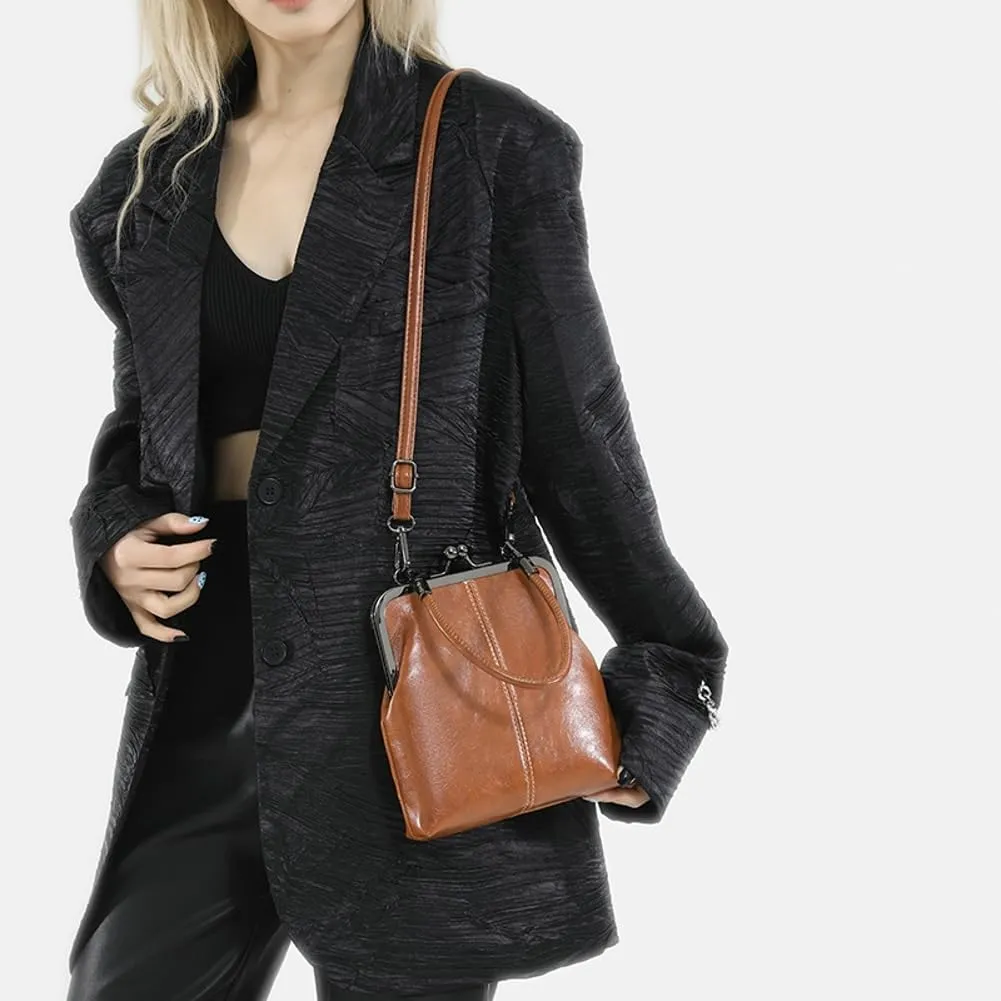 Women's Kiss Lock Crossbody Bag PU Leather Kiss Clasp Purse Crossbody Shoulder Bags Hobo Tote Purses Wallet Handbags