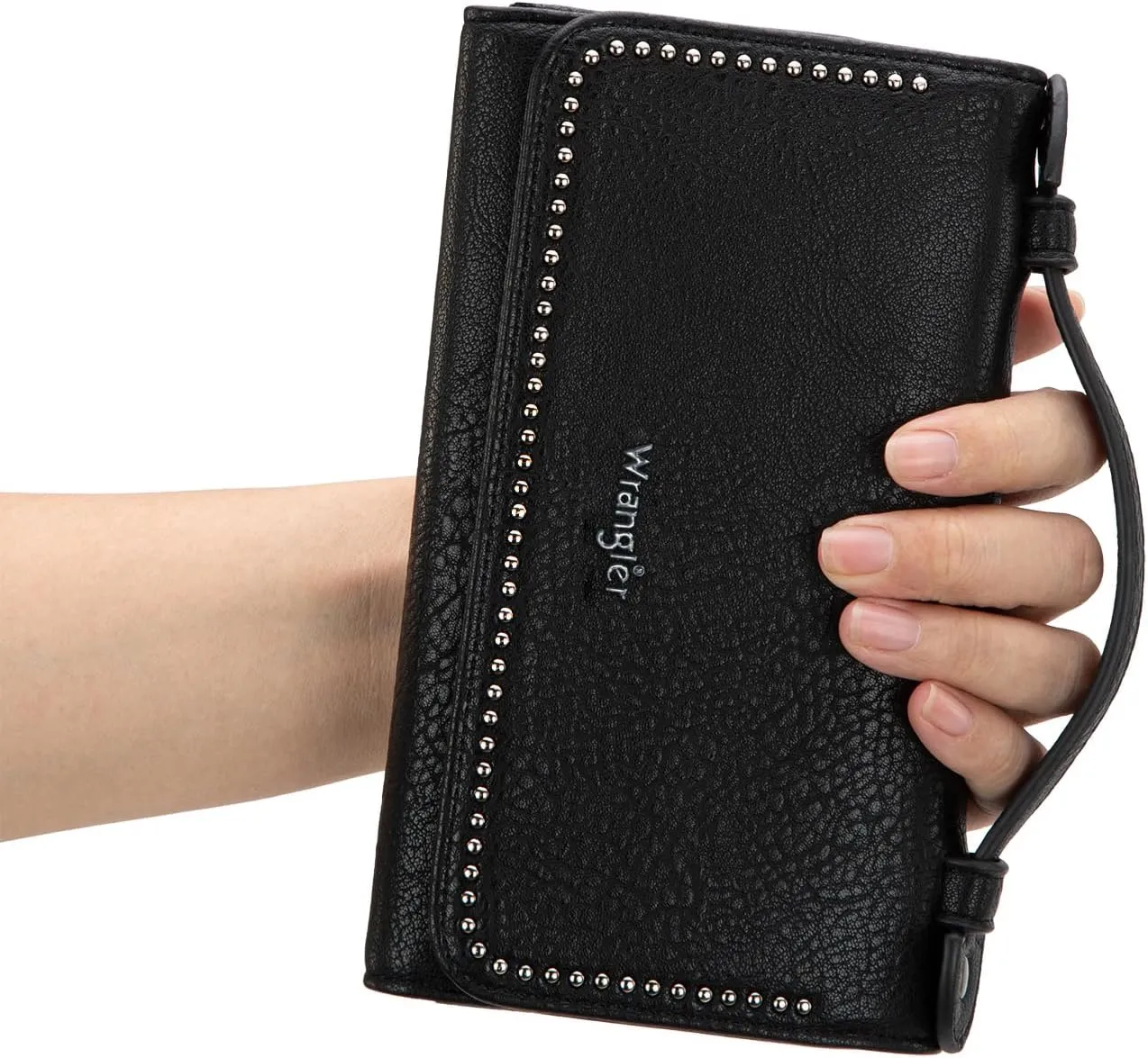 Wrangler Wallets Women Trifold Rfid Wallet for Ladies Girls Black Small Crossbody Wallet With Top Handle and Detachable Strap