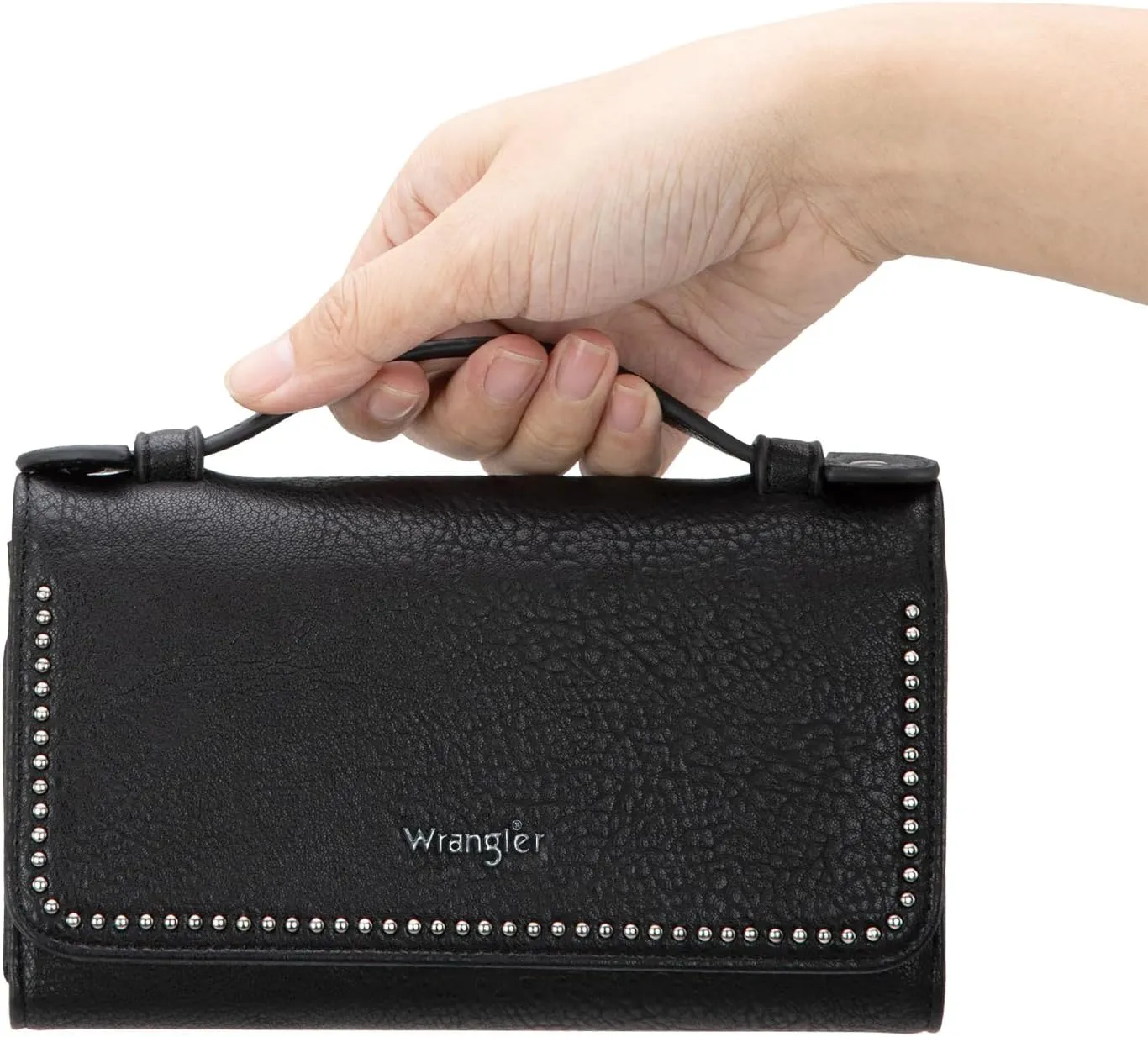 Wrangler Wallets Women Trifold Rfid Wallet for Ladies Girls Black Small Crossbody Wallet With Top Handle and Detachable Strap