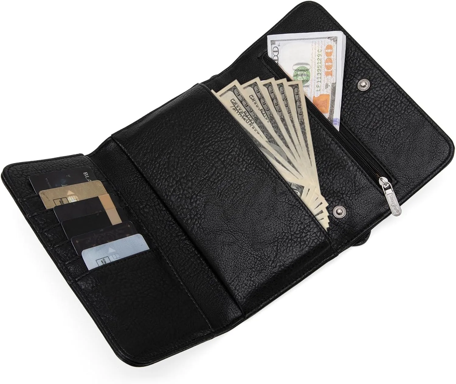 Wrangler Wallets Women Trifold Rfid Wallet for Ladies Girls Black Small Crossbody Wallet With Top Handle and Detachable Strap